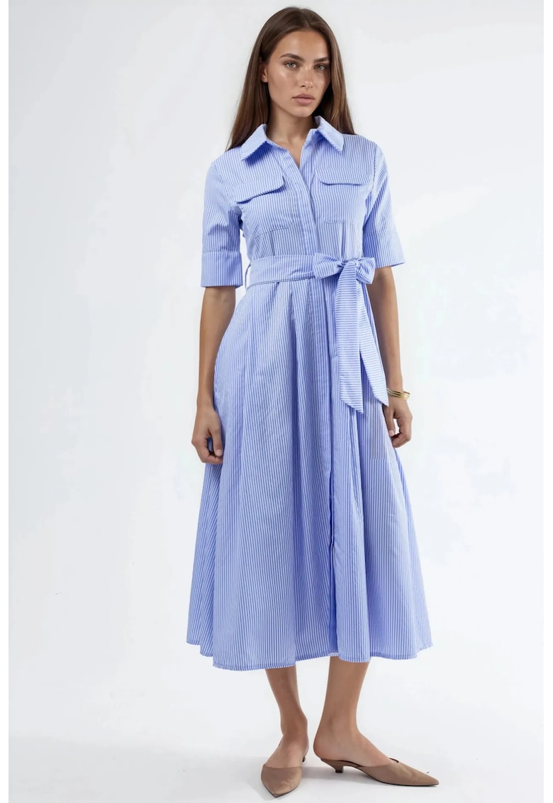 Rochie tip camasa - dungi - albastru - bumbac si poliester