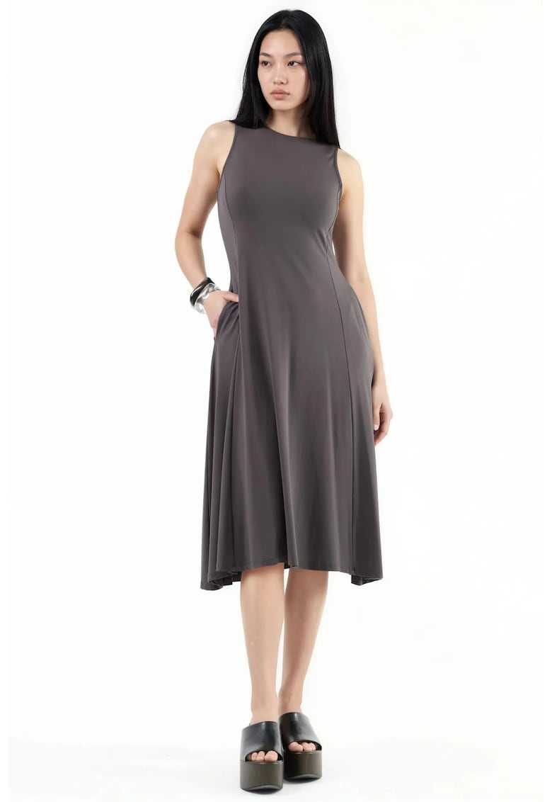 Rochie Midi Gri - cu Buzunare - Poliester/Elastan