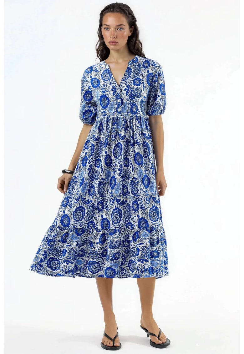 Rochie midi model floral - albastru - maneci trei sferturi - croiala lejera
