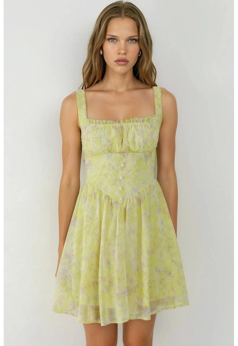 Rochie Mini model Floral - Verde - Guler Patrat - Poliester
