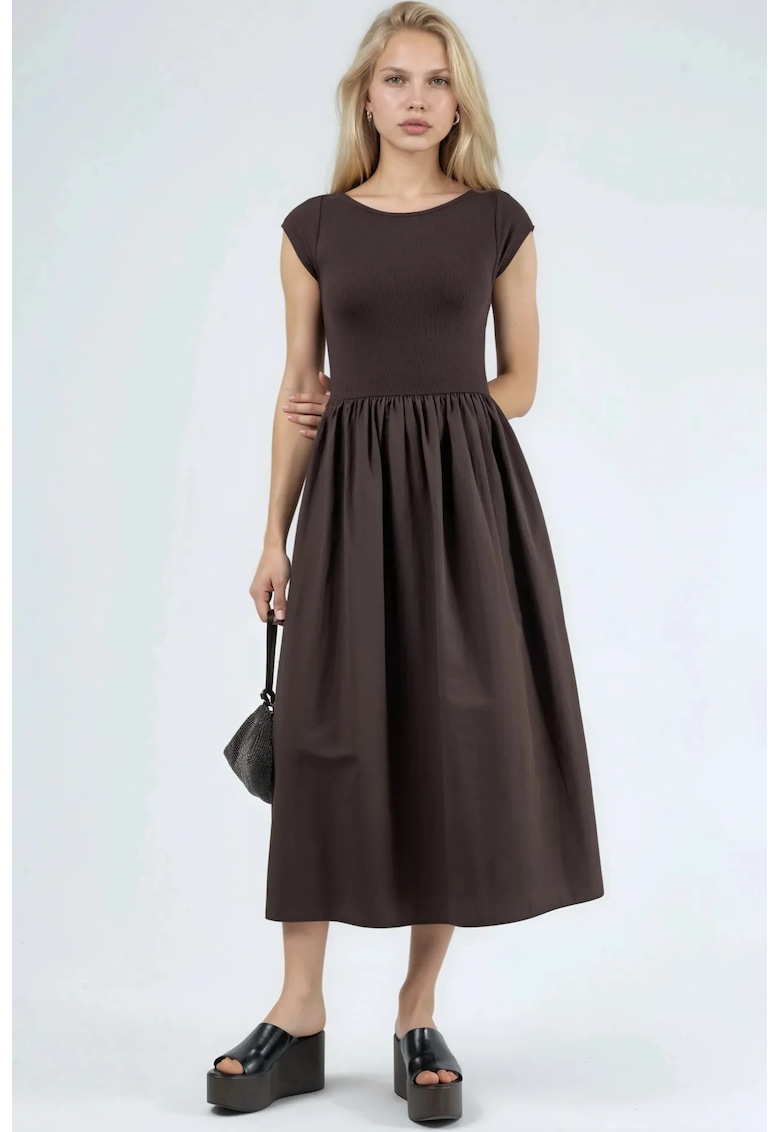Rochie midi - maneca scurta - maro - bumbac si poliester
