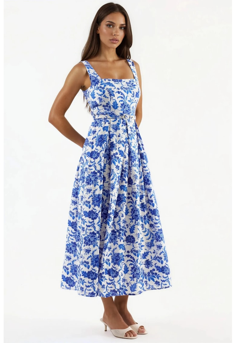 Rochie midi model floral - guler patrat - alb/albastru - viscoza/nylon