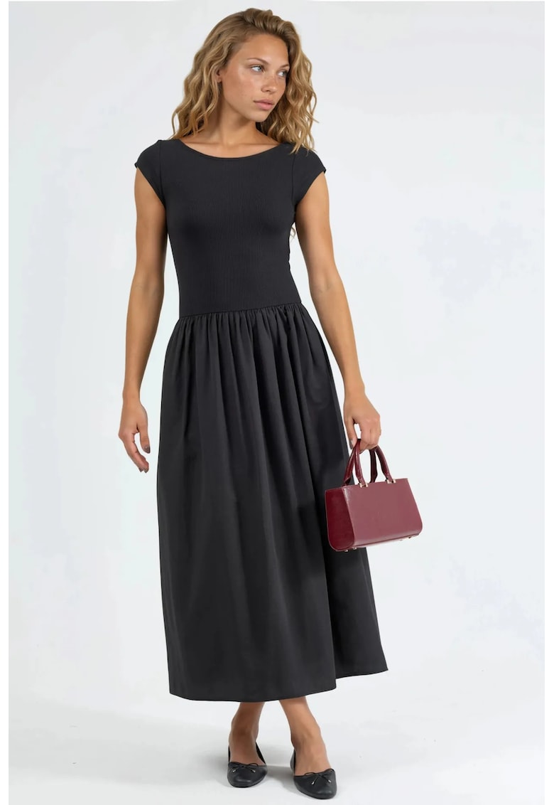 Rochie midi casual neagra - bumbac/poliester - guler rotund - maneci scurte
