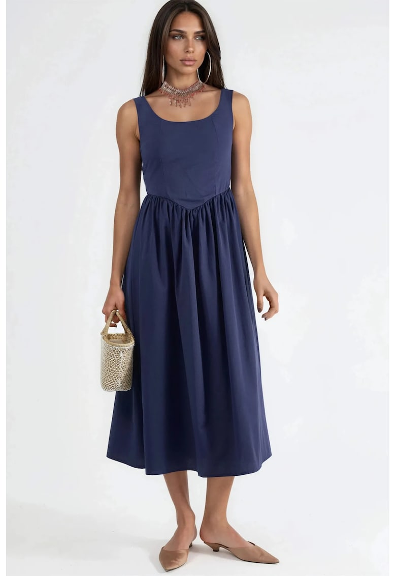 Rochie Midi cu guler patrat - detaliu funda - Bumbac/Poliester - bleumarin