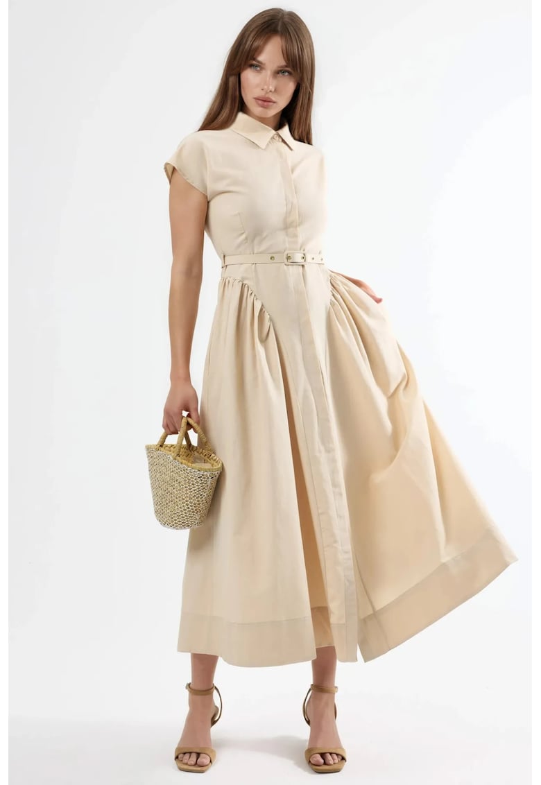Rochie midi cu cordon - guler tip camasa - bej - bumbac si poliester