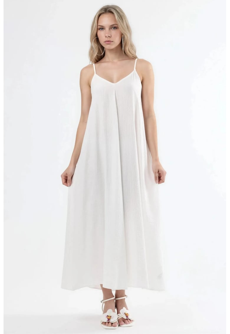 Rochie midi - decolteu in V - alb - poliester