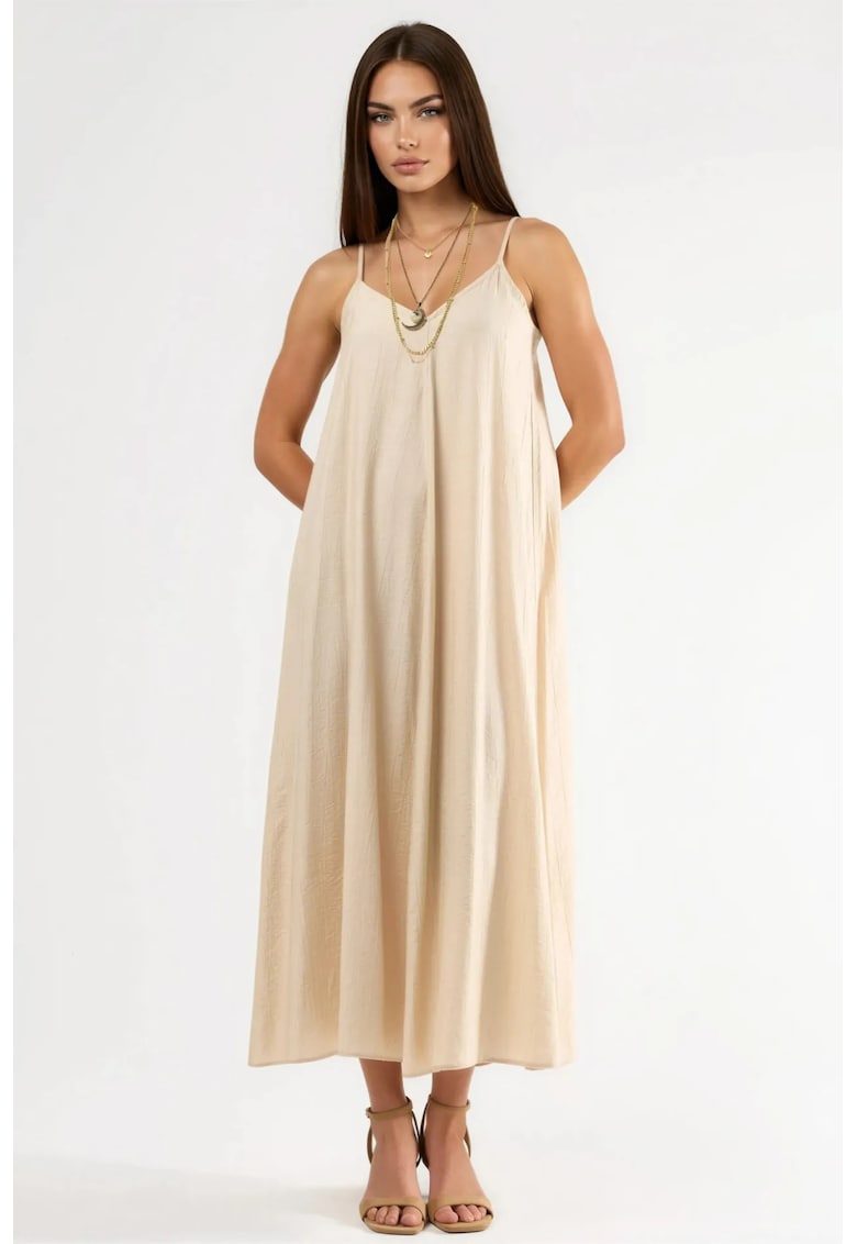 Rochie midi - decolteu in V - poliester - bej