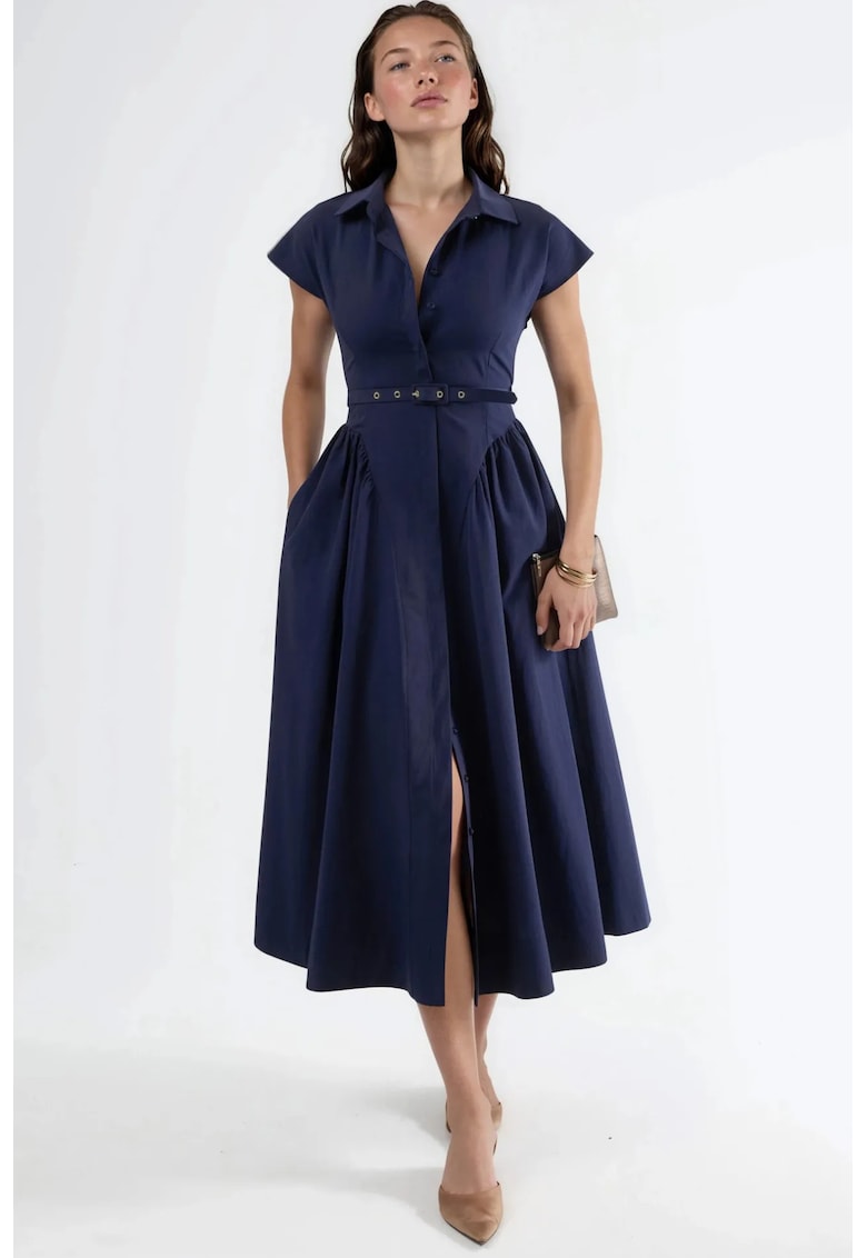 Rochie midi cu cordon - guler - Bleumarin