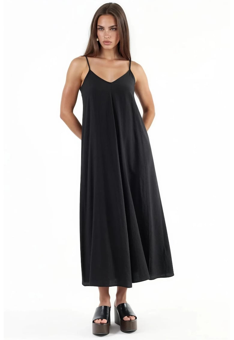 Rochie midi tip furou - decolteu in V - poliester - Negru