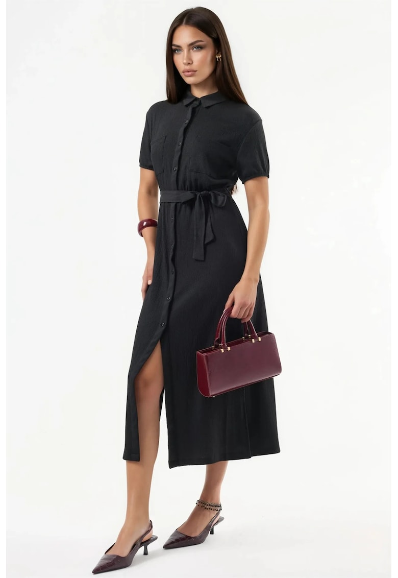 Rochie tip camasa - midi - negru - cu cordon - maneca scurta - poliester/elastan