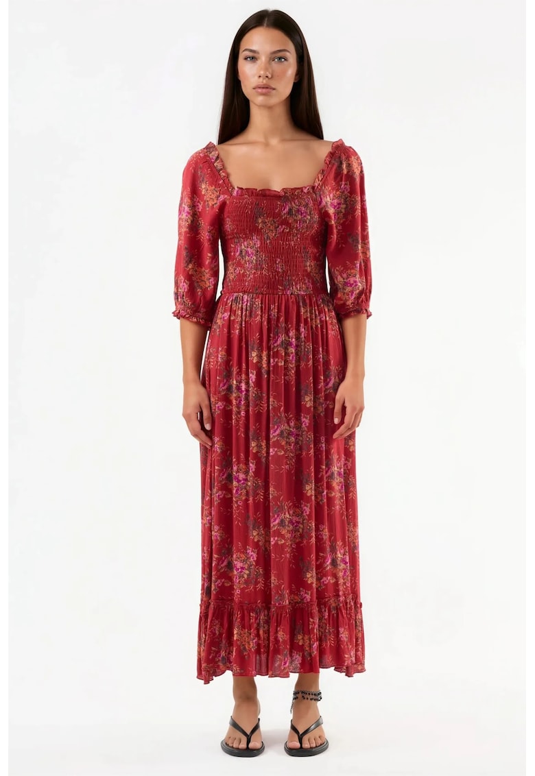 Rochie Midi Guler Patrat - Rosu - Viscosa