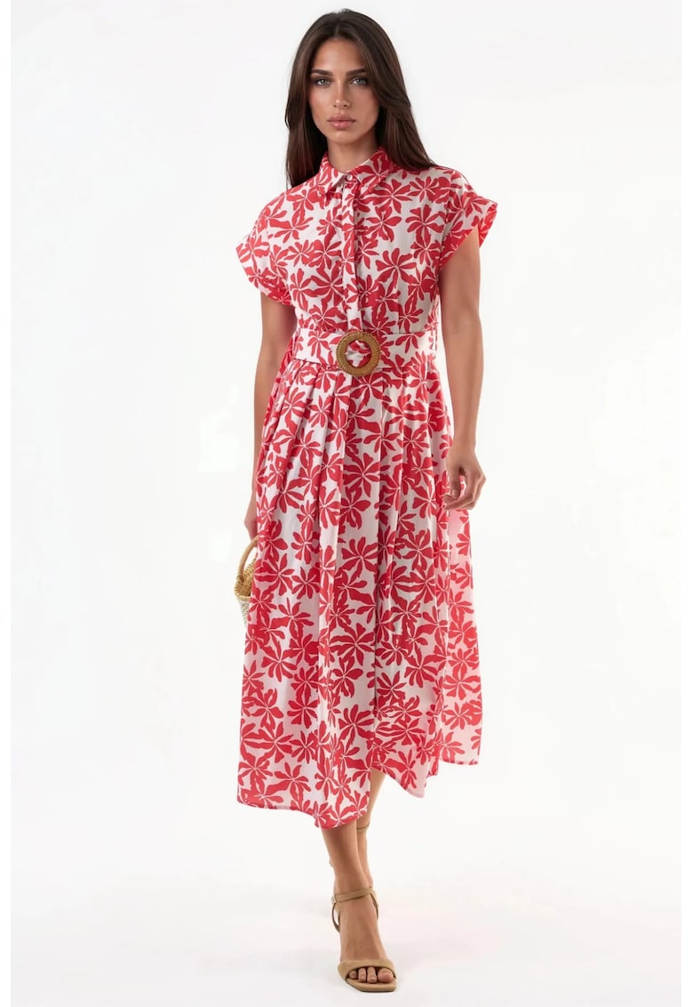Rochie midi rosu/alb - poliester/lycra