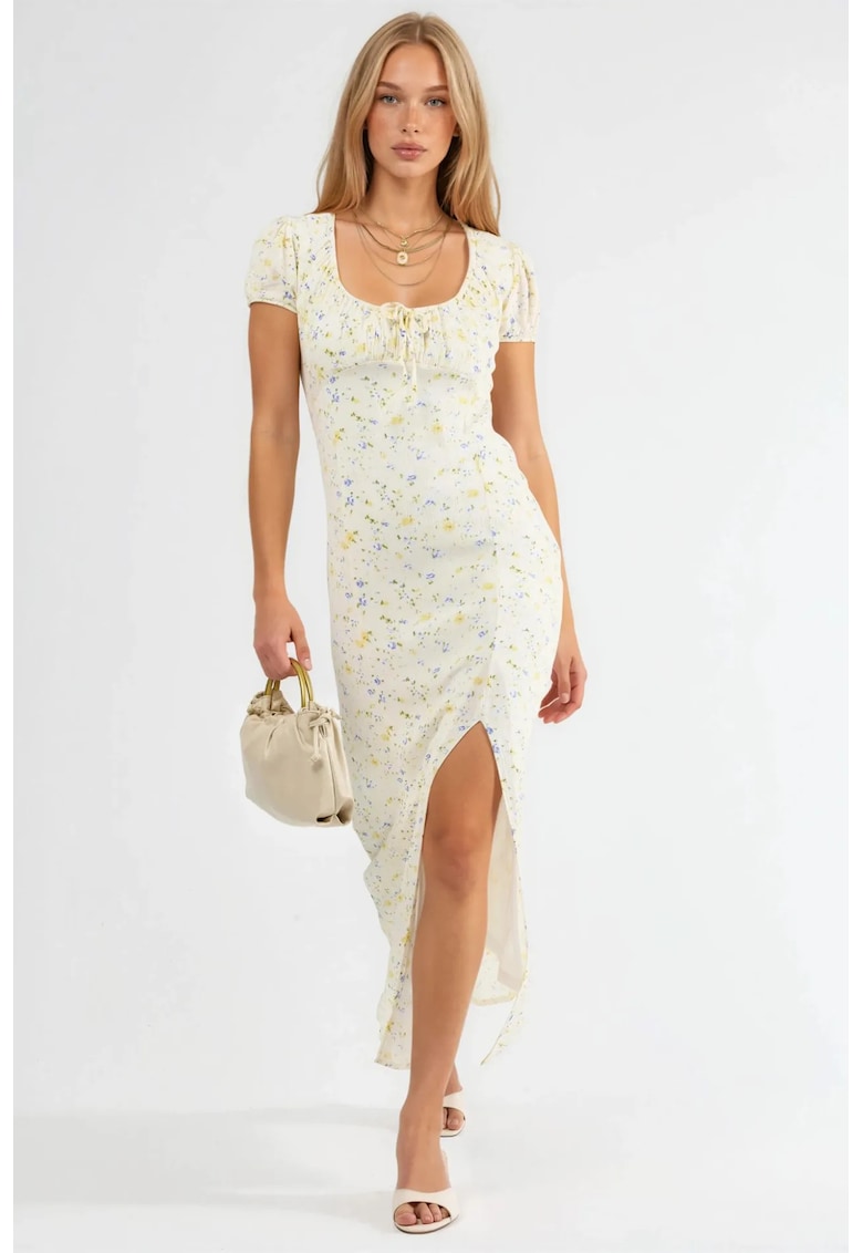 Rochie Midi model Floral - Alb - viscoza - Maneca scurta