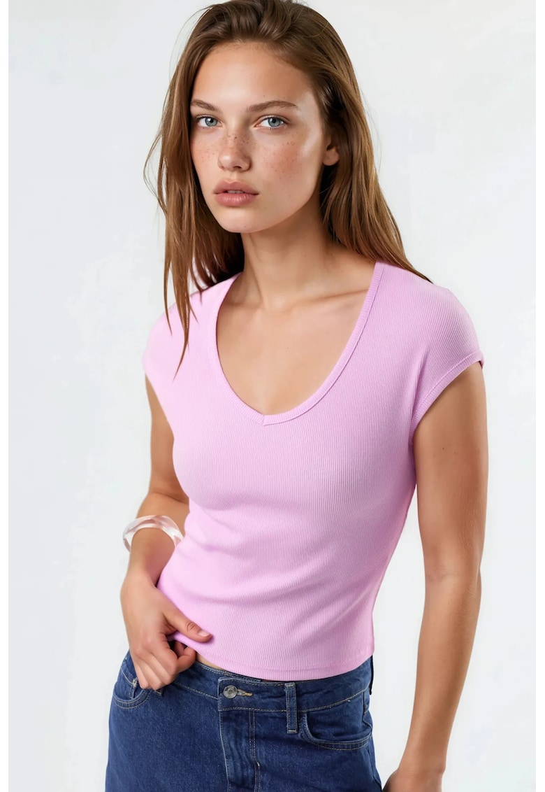 Tricou dama - Bumbac/Poliester - Roz pudrat - Decolteu in V