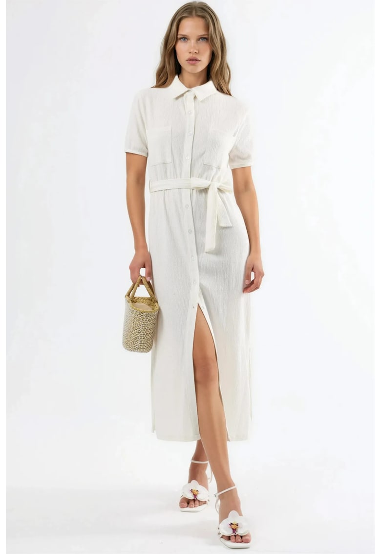 Rochie tip camasa - cu cordon - poliester/elastan - Alb