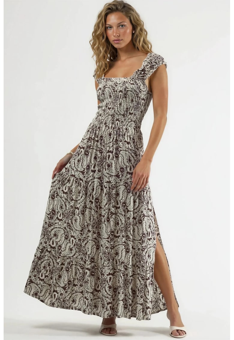 Rochie Maxi cu imprimeu Paisley - decolteu patrat - culoare maro - viscoza