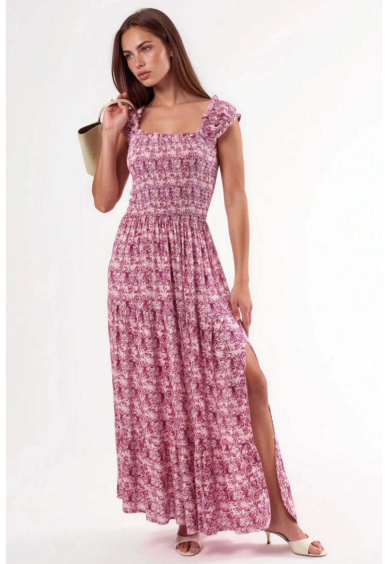 Rochie Maxi cu imprimeu Paisley - decolteu patrat - roz - viscoza