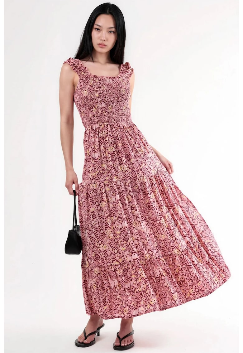 Rochie maxi cu imprimeu Paisley - decolteu patrat - rosu - viscoza