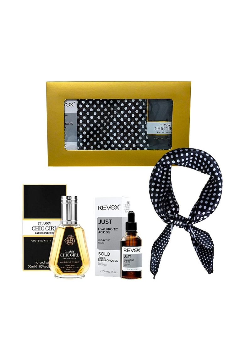 Set Elysa - Apa de Parfum Classy Chic Girl 50ml Femei - Ser Revox Hyaluronic Acid 5% 30ml - Esarfa
