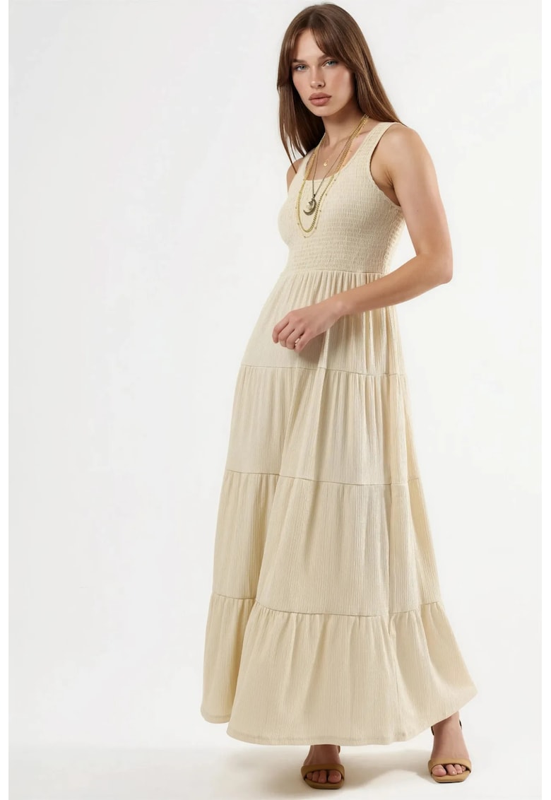 Rochie Maxi - guler in U - texturata - poliester - crem