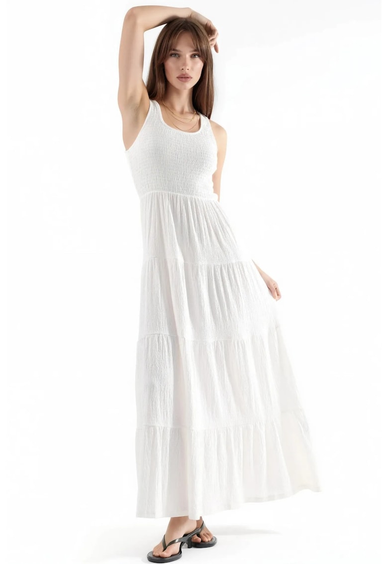 Rochie Maxi Texturata cu Guler in U - Alb - Poliester
