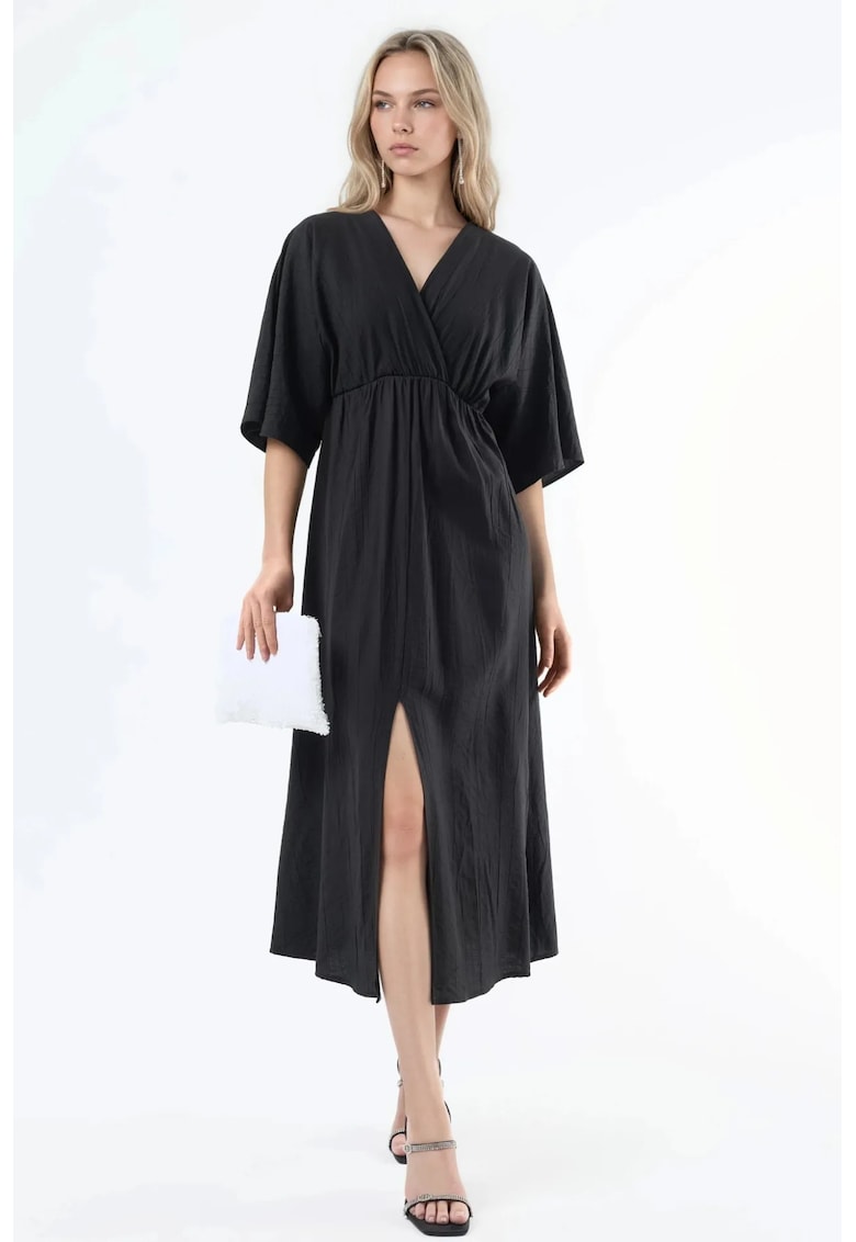 Rochie midi - decolteu in V - maneci trei sferturi - negru - poliester