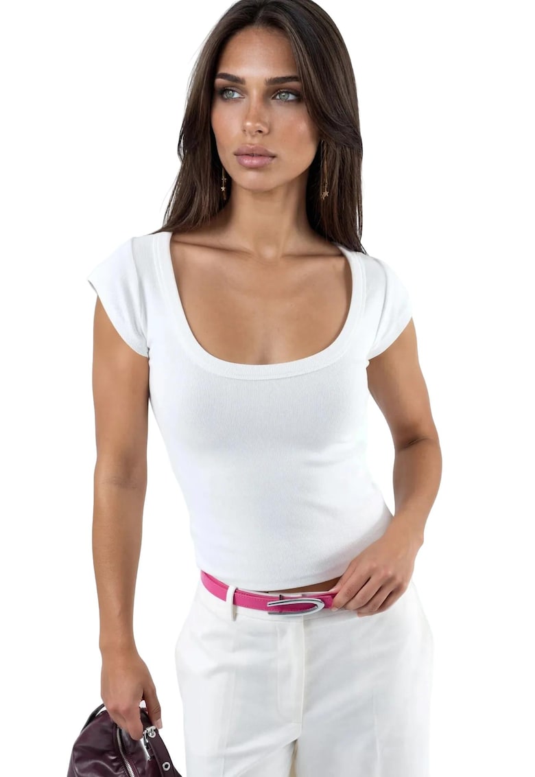 Tricou dama - Guler U - Bumbac/Elastan - Alb