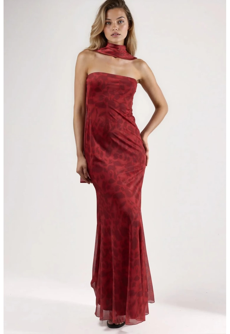 Rochie maxi bodycon imprimeu floral - rosu - tul - fara bretele