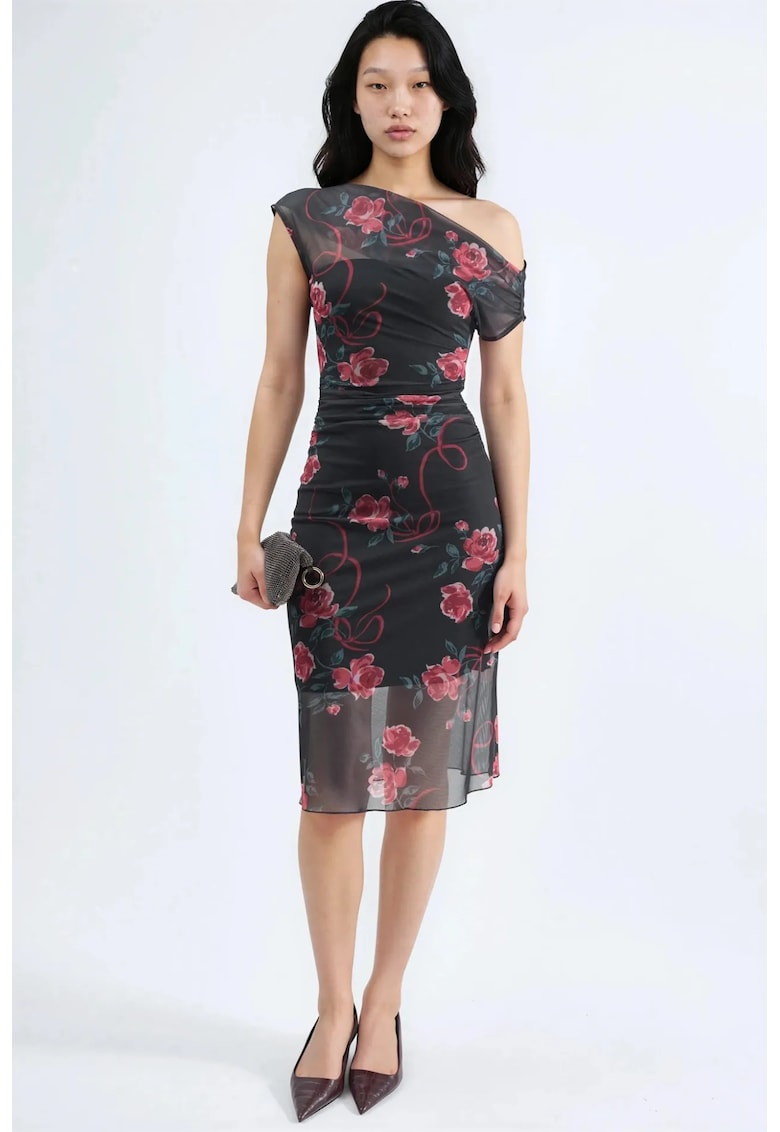 Rochie midi - asimetrica floral - neagra - tul - Negru