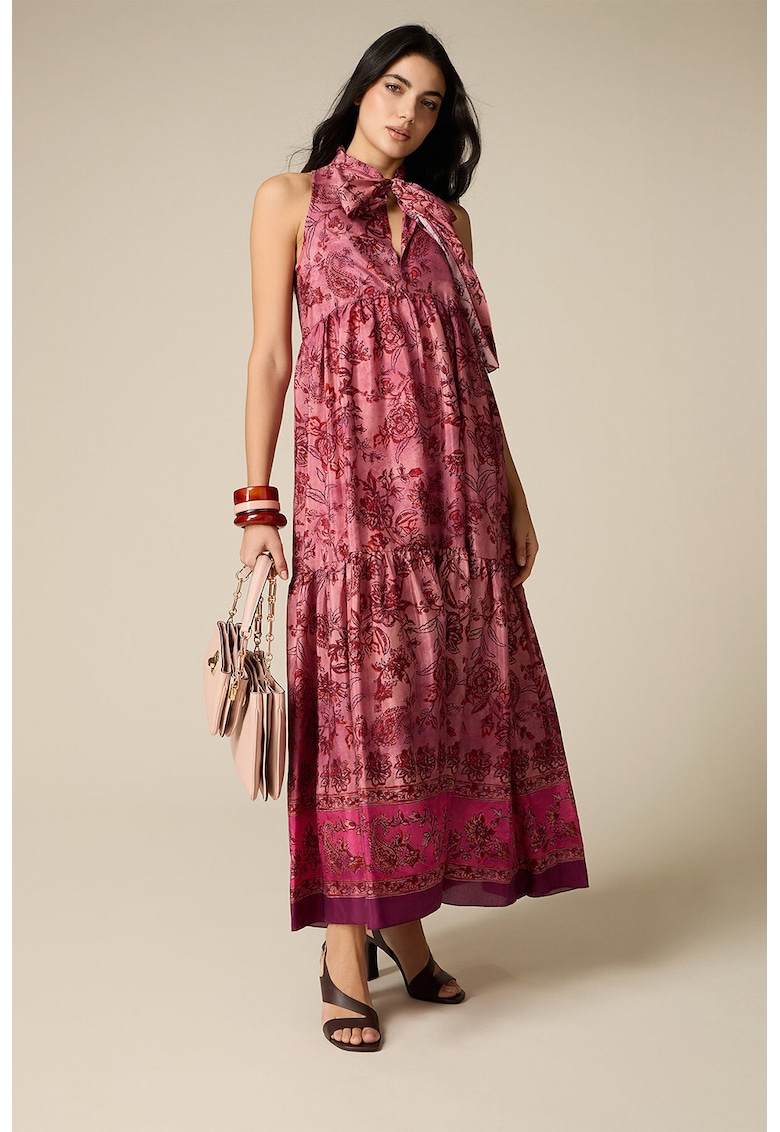 Rochie maxi cu decolteu funda si model floral - Rosu/Roz inchis