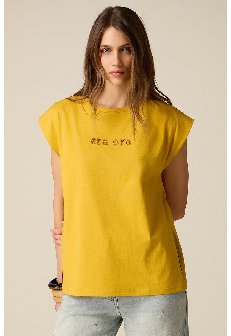 Tricou supradimensionat cu design text - Galben sofran