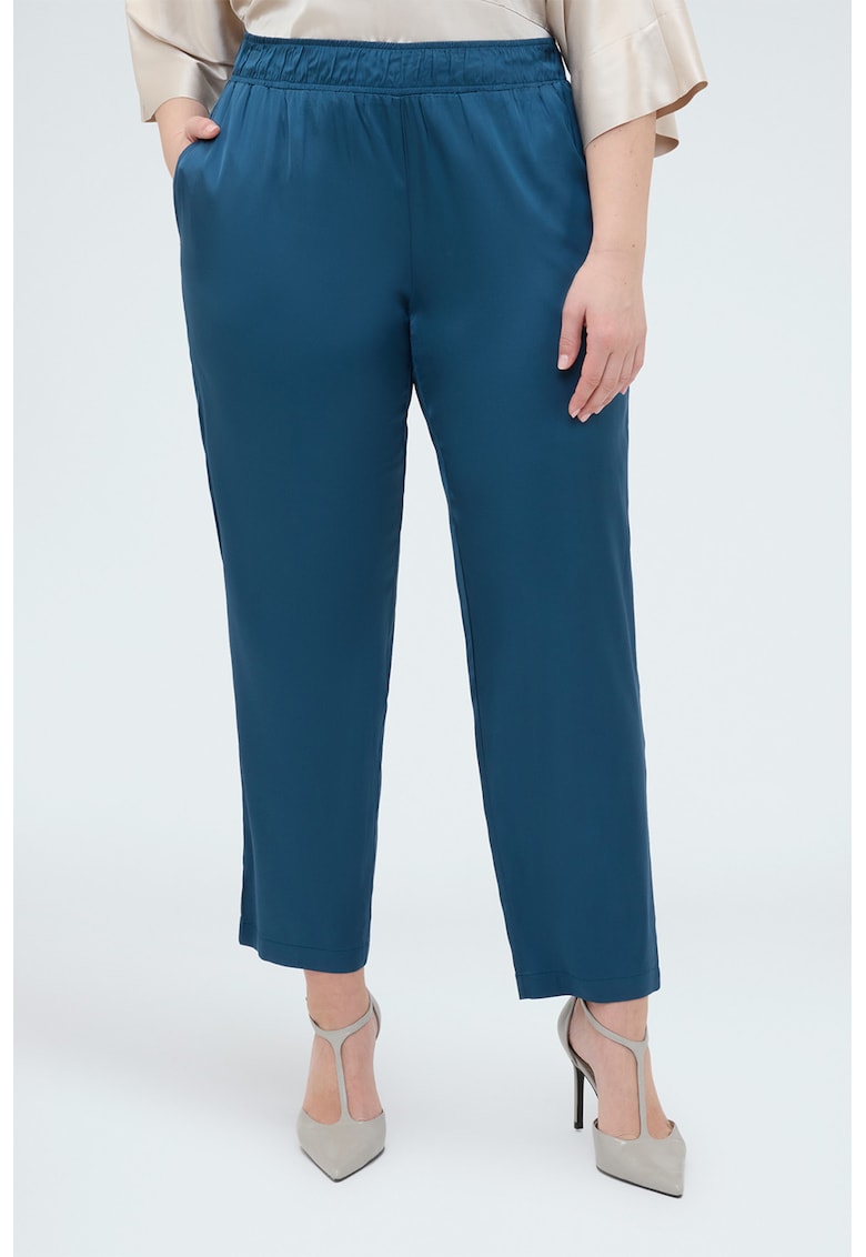 Pantaloni crop din satin cu croiala conica - Albastru inchis
