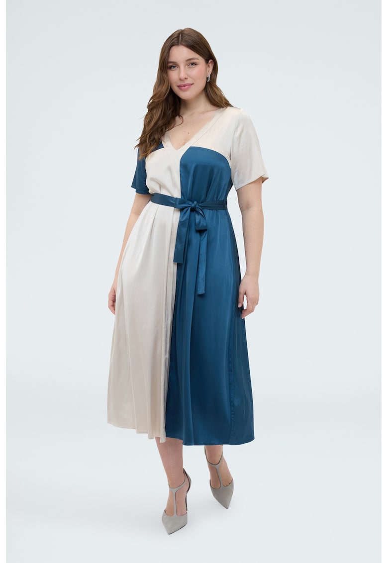 Rochie din satin cu design colorblock - Albastru inchis/Alb murdar