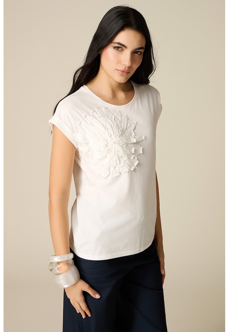 Tricou din amestec de modal si aplicatie florala - Alb