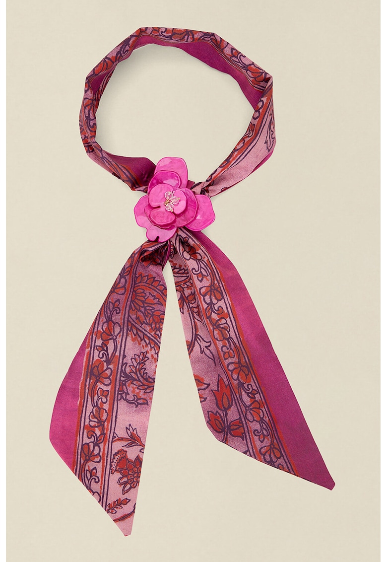 Esarfa cu model si aplicatie in forma de floare - Roz inchis