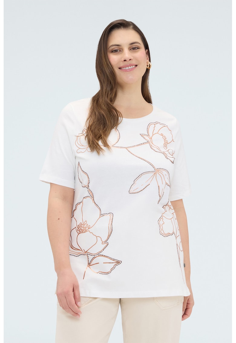 Tricou din bumbac cu decolteu rotund - Alb/Auriu