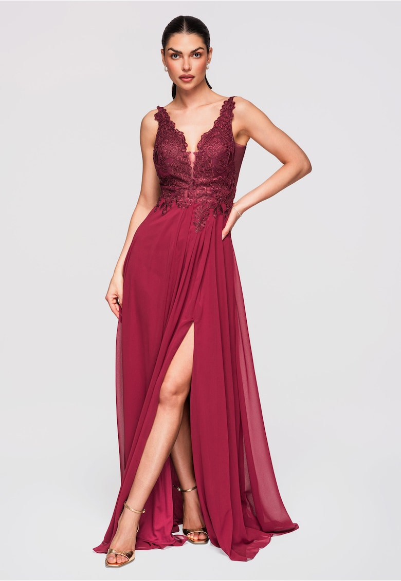 Rochie Maxi de Seara Eleganta cu Dantela si Croiala Ampla - Bordeaux