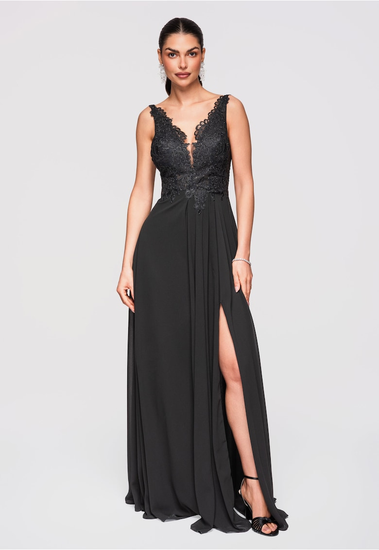 Rochie Maxi de Seara Eleganta cu Dantela si Croiala Ampla - Negru