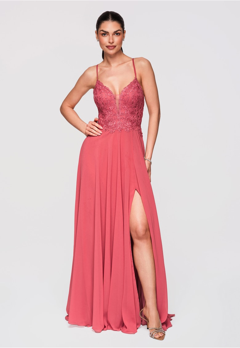 Rochie Maxi de Seara Violeta cu Dantela si Spate Decupat - Coral