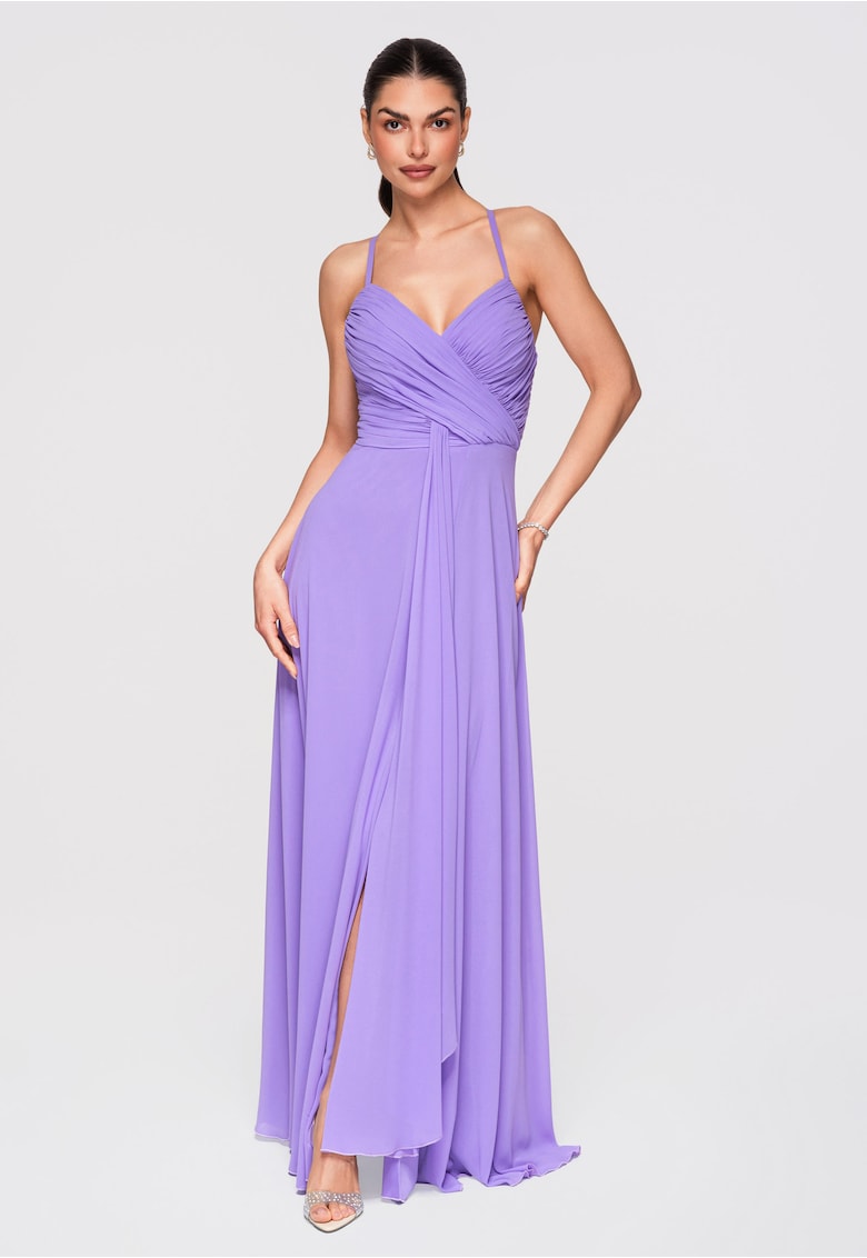 LARICA Rochie Maxi Eleganta - Croi Amplu - Decolteu Petrecut - Ideala pentru Evenimente Speciale - Saten mediu violet