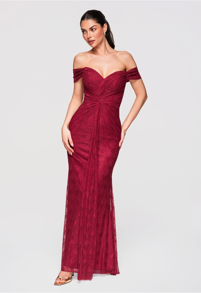 Rochie Maxi de Seara - Croiala Sirena - Dantela Eleganta - Umeri Goi - Rosu inchis