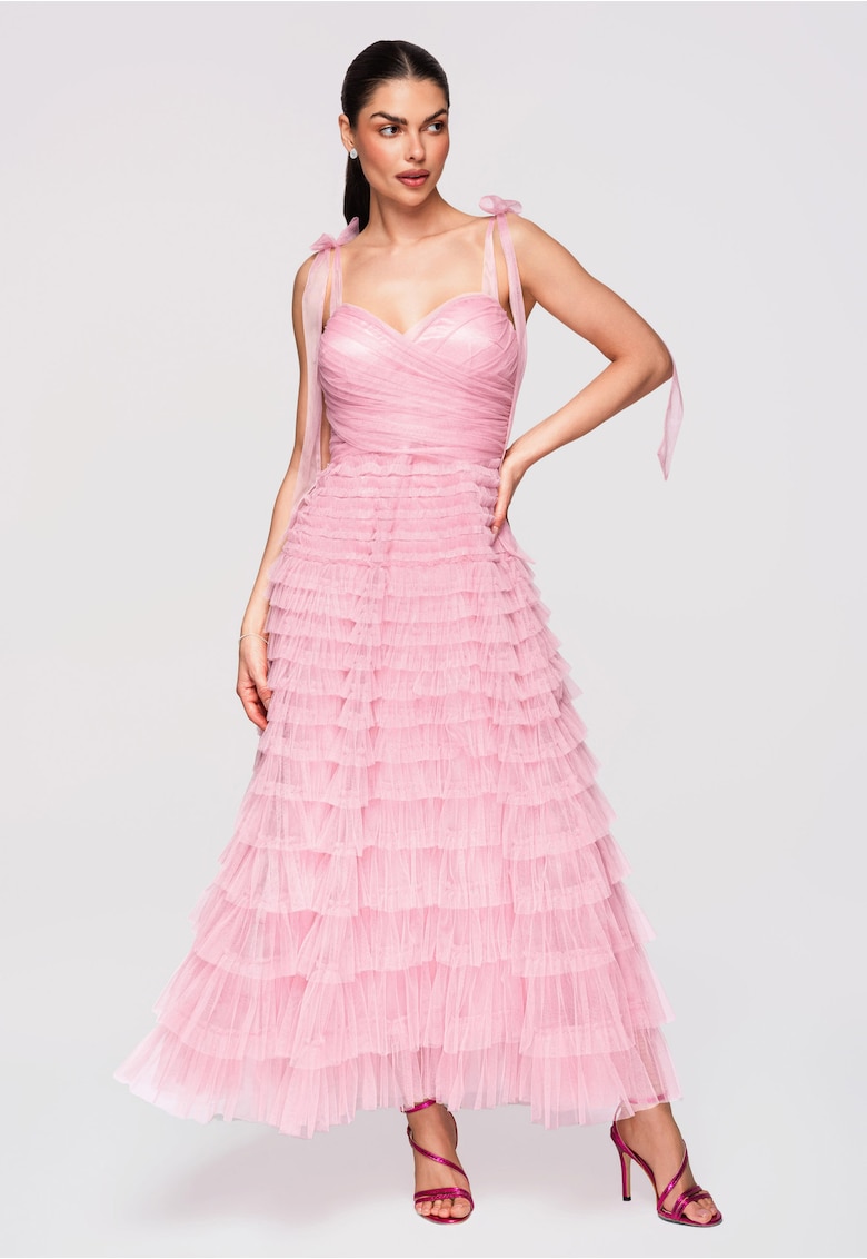 Rochie Maxi Eleganta - cu Tul - Croi Amplu si Detalii Corset - Auriu rose
