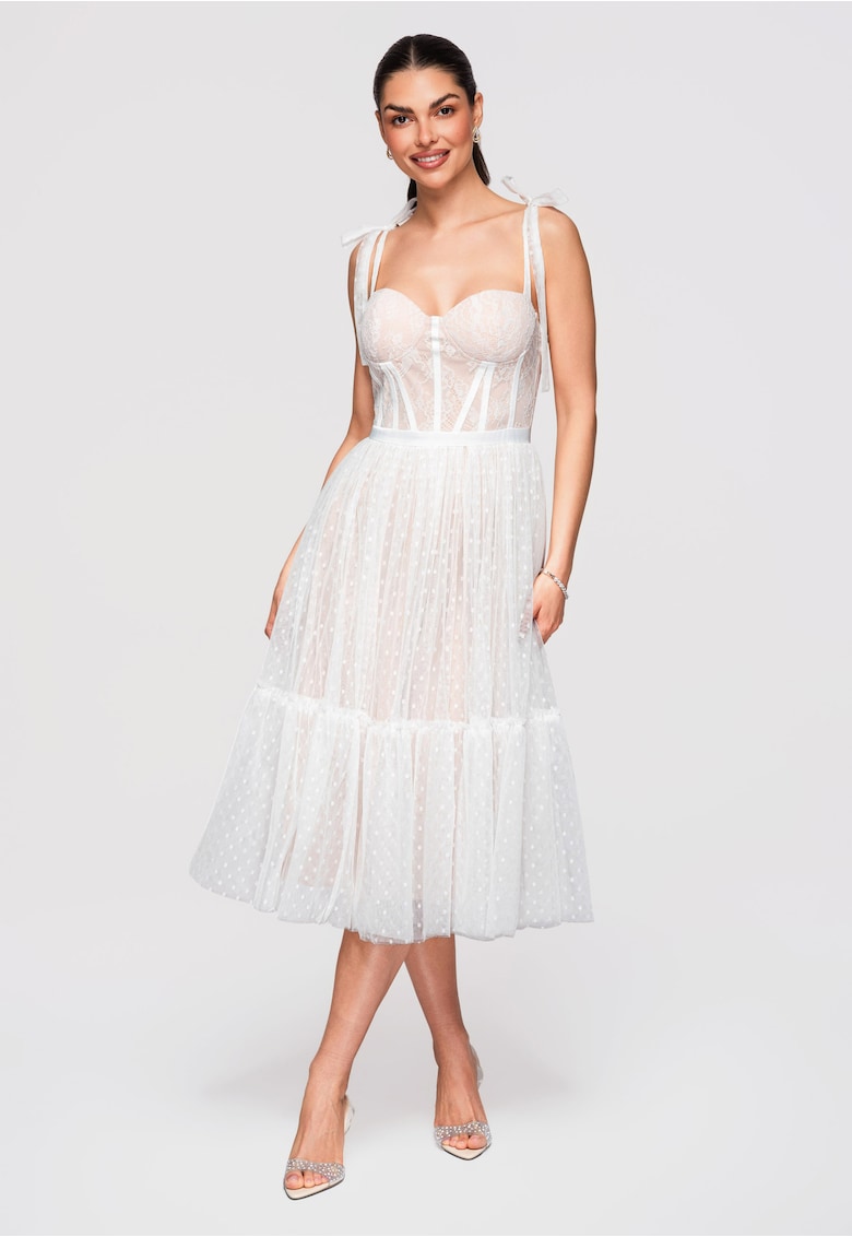 Rochie midi evazata cu corset si bretele reglabile - din tul cu aplicatii - Alb