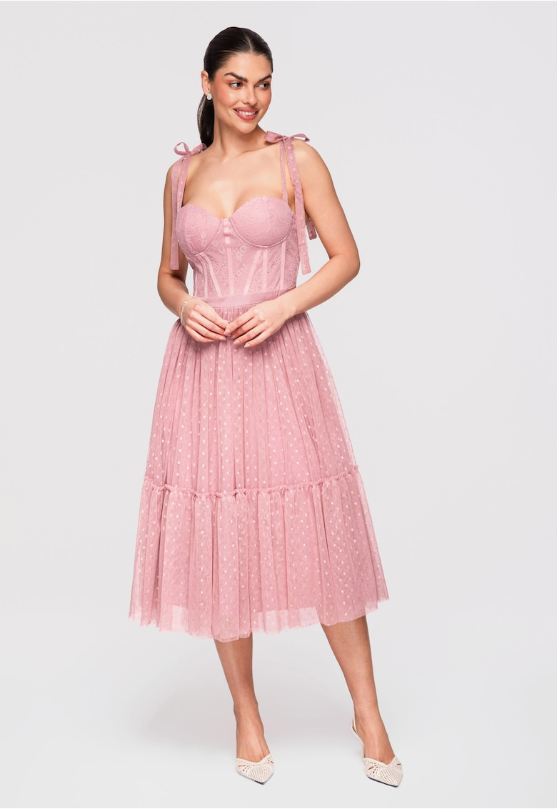 Rochie midi evazata cu corset si bretele reglabile - din tul cu aplicatii - Roz