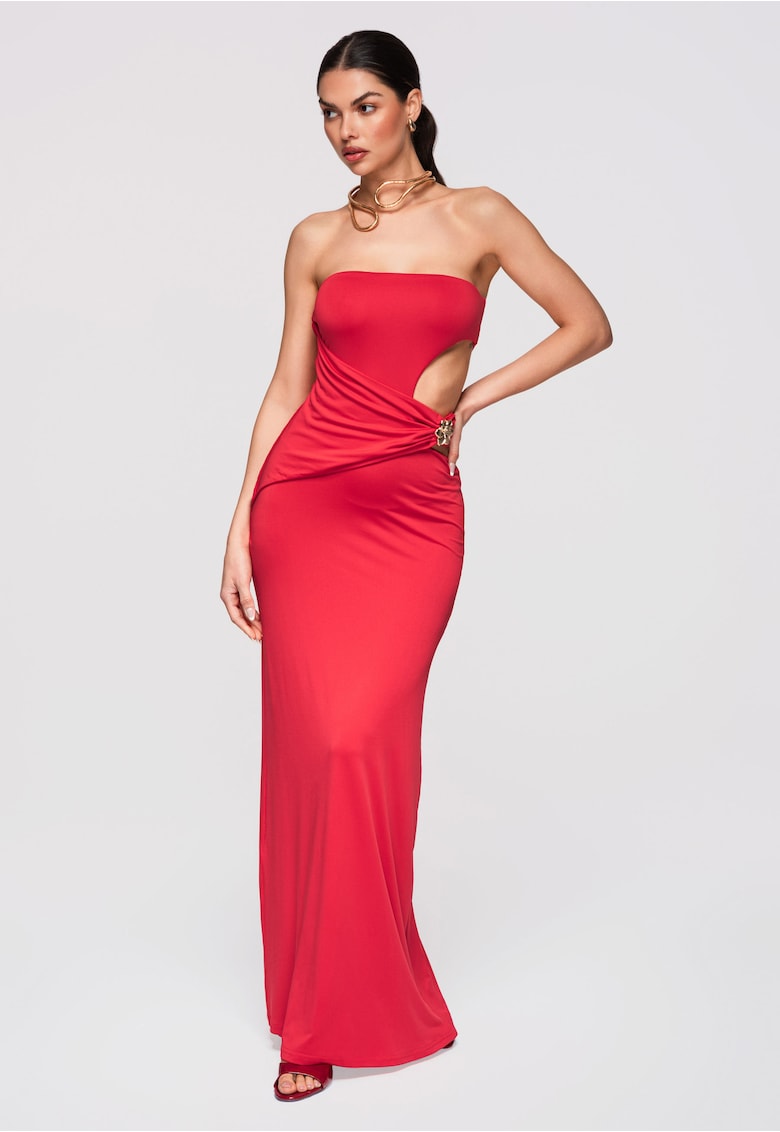 LARICA Rochie Maxi de Seara Eleganta - Croiala Tip Coloana - Material Elastic - Rosu