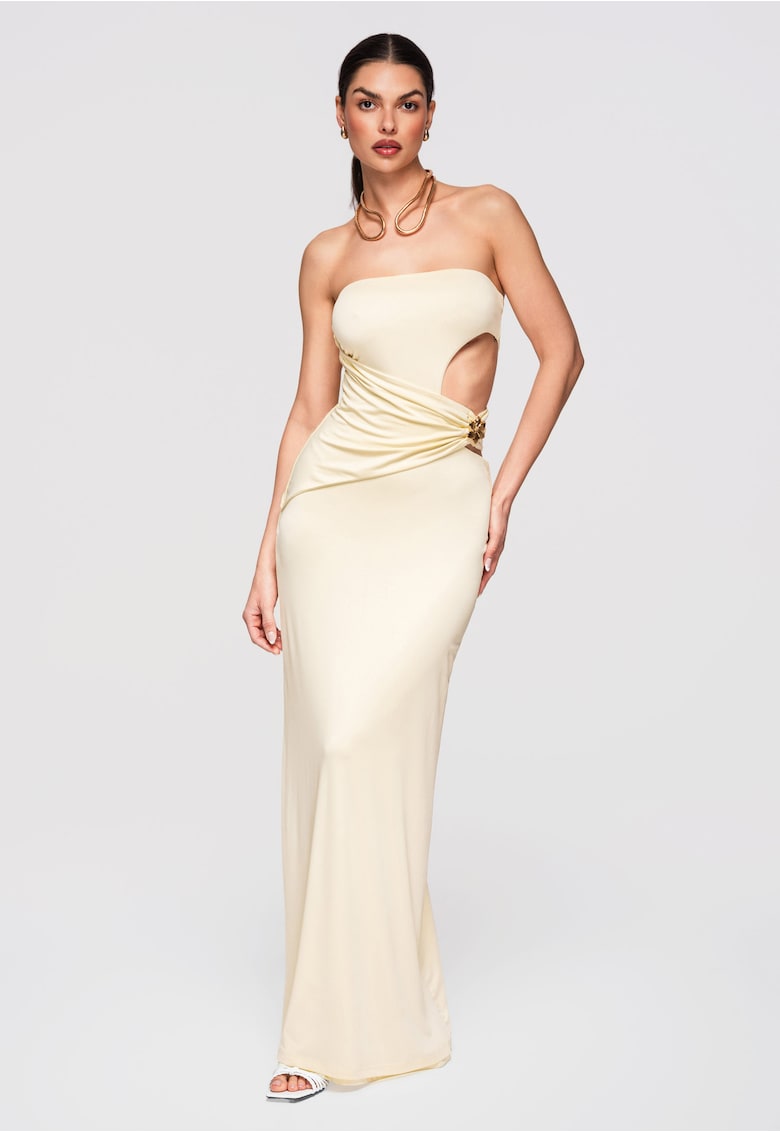 LARICA Rochie Maxi de Seara Eleganta - Croiala Tip Coloana - Material Elastic - Ecru