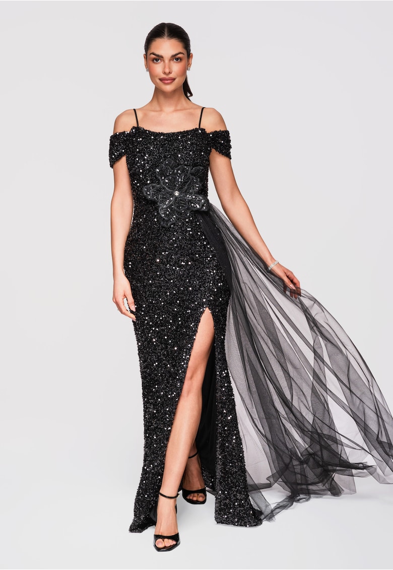 Rochie Maxi de Seara cu Paiete si Aplicatie Florala Eleganta - Negru