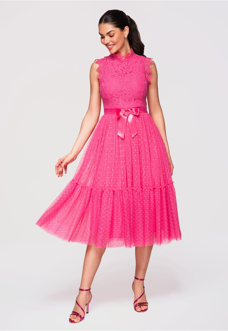 Rochie Midi Eleganta cu Dantela Florala si Croi Cloche pentru Evenimente Speciale - Fucsia