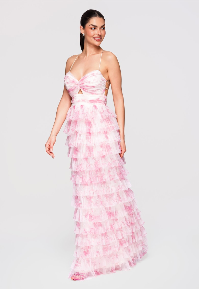 LARICA Rochie Maxi de Seara - Tulle Stratificat - Croiala Evazata cu Spatele Gol - Roz
