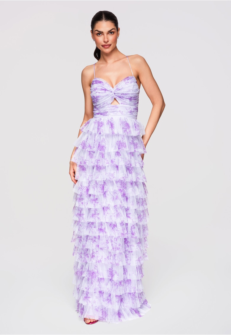 LARICA Rochie Maxi de Seara - Tulle Stratificat - Croiala Evazata cu Spatele Gol - Mov